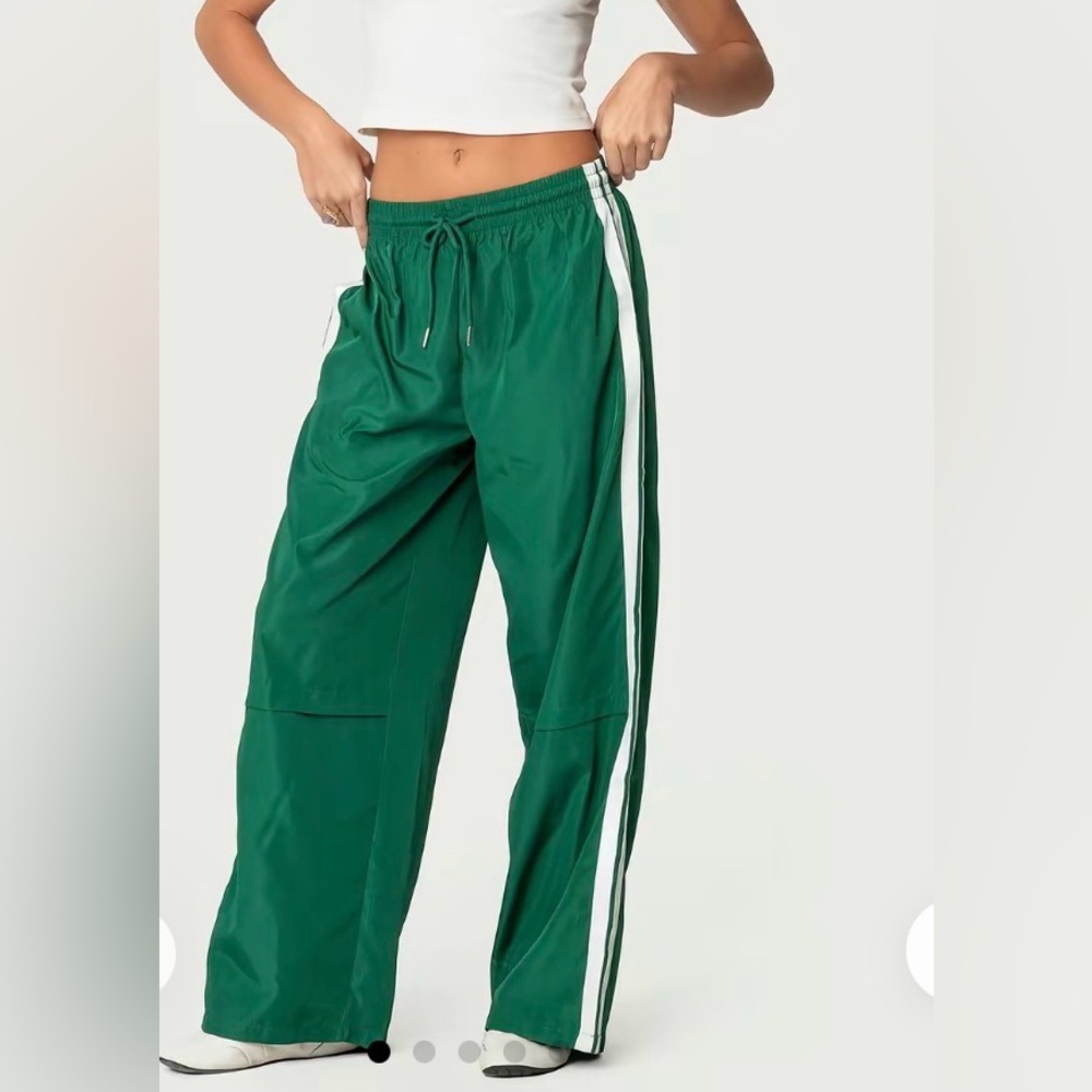 Green Wide-Leg Track Pants with Side Stripe